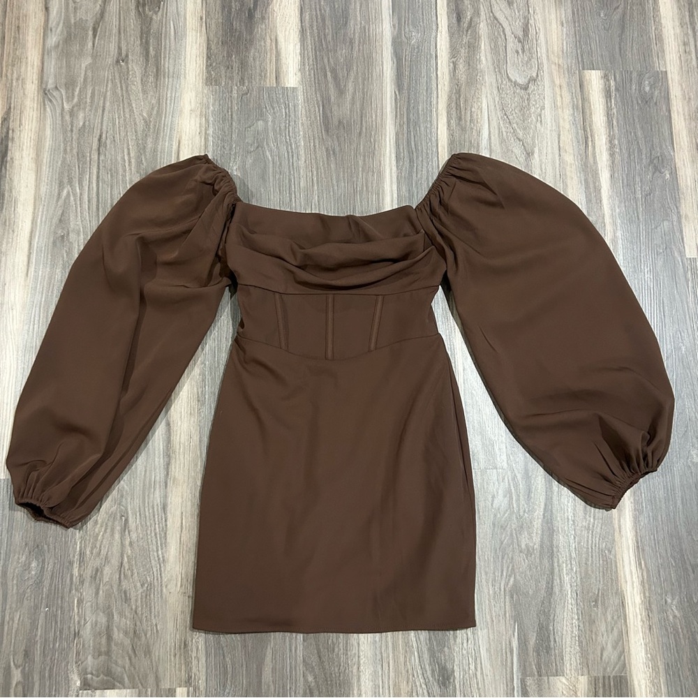 Princess polly brown puff sleeve long sleeve corset dress